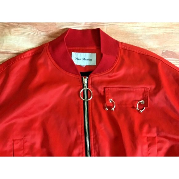 Max Martin Red Satiny Cropped Bomber Jacket Sz L - Picture 8 of 12